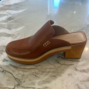 Bernardo Brown Leather Mules clogs with Wood Heel